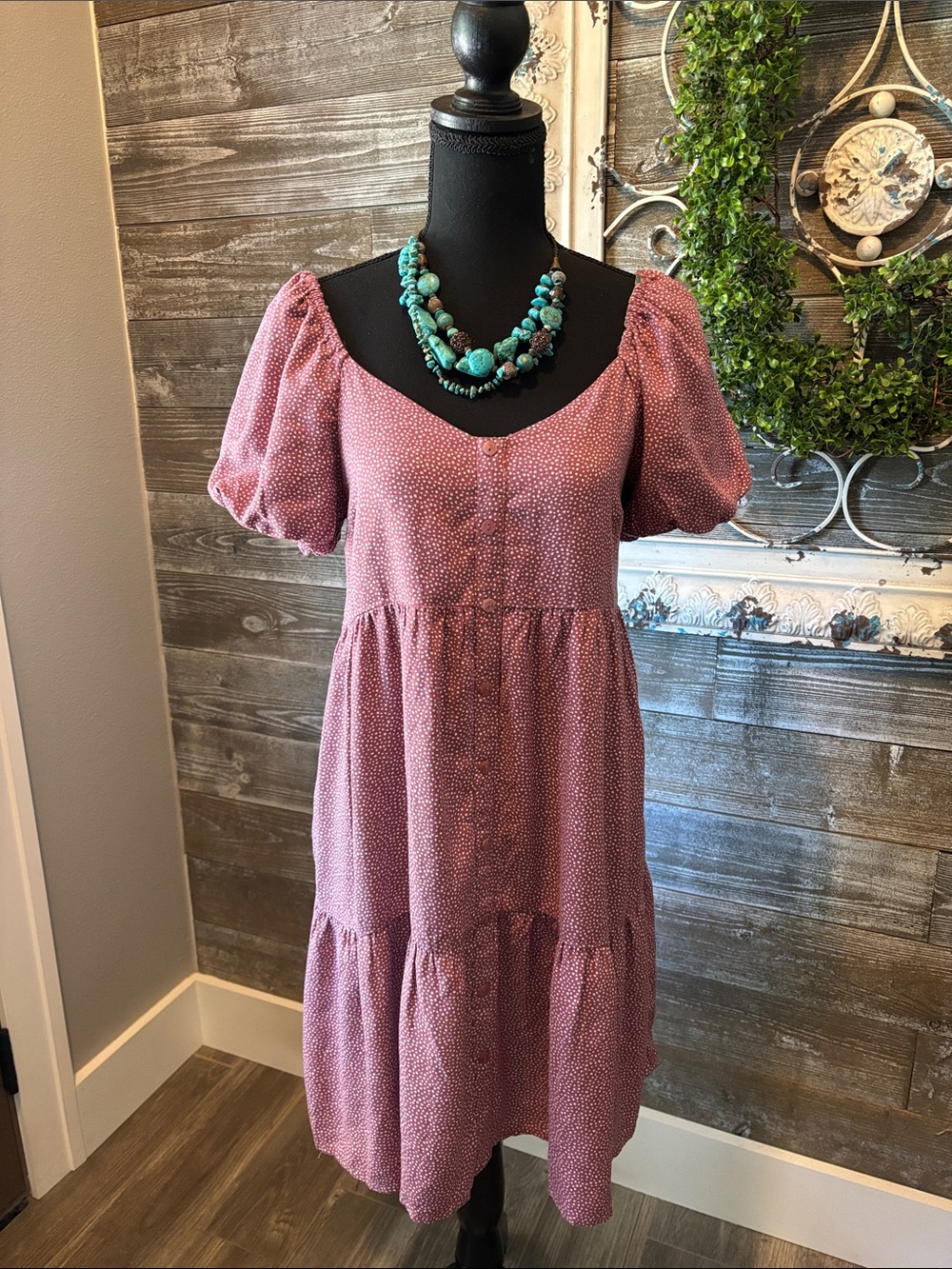 Wild Fable NWT (Size M) Women's Mauve Dot Tiered Puff-Sleeve Dress